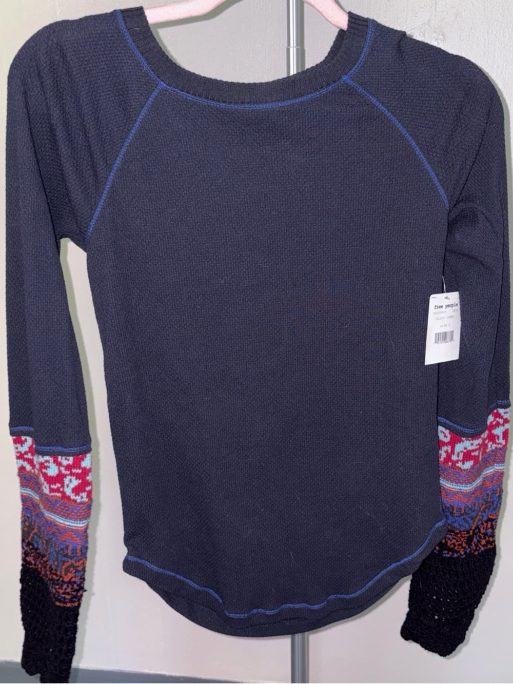 Free People Navy Crewneck Sweater with Colorblock Patterned Sleeves